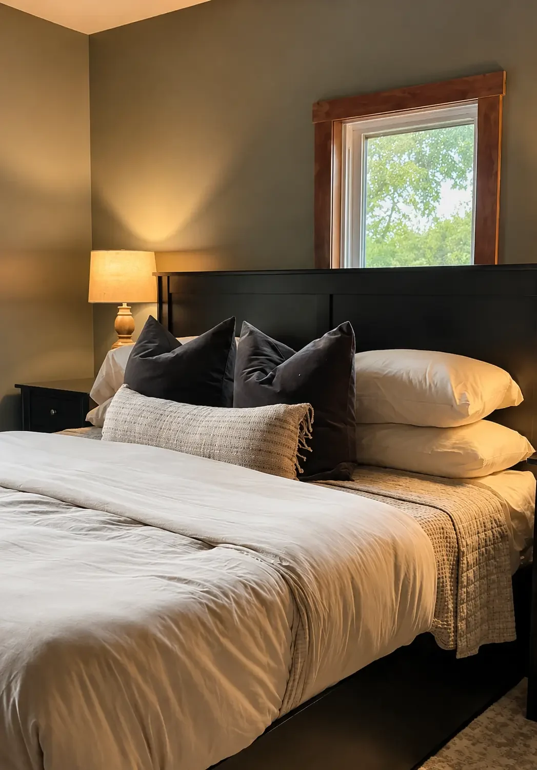 Main bedroom at Loess Lakes Ranch with dark green walls, black bedframe and lamplight
