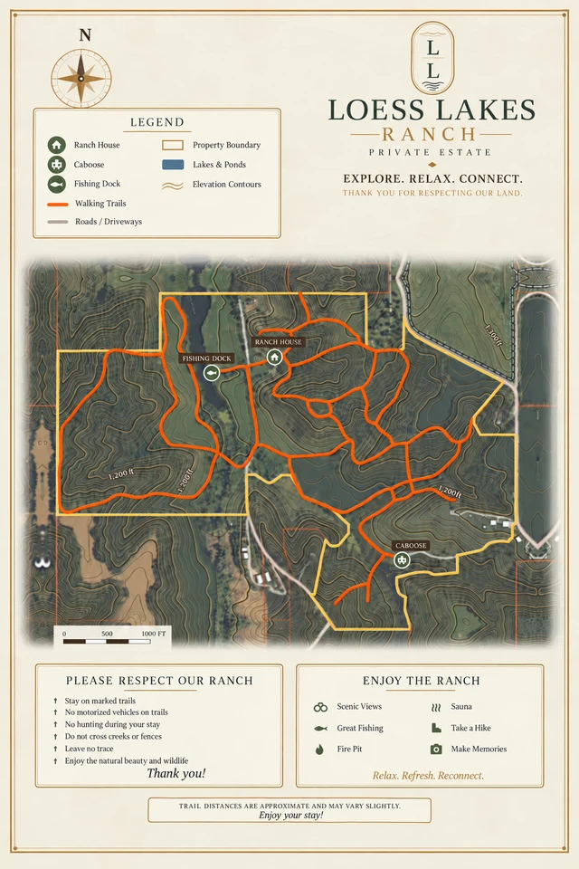 Loess Lake Ranch property and walking-trail map showing the ranch house, fishing dock, caboose, lakes, property boundaries, roads, and connected walking trails.