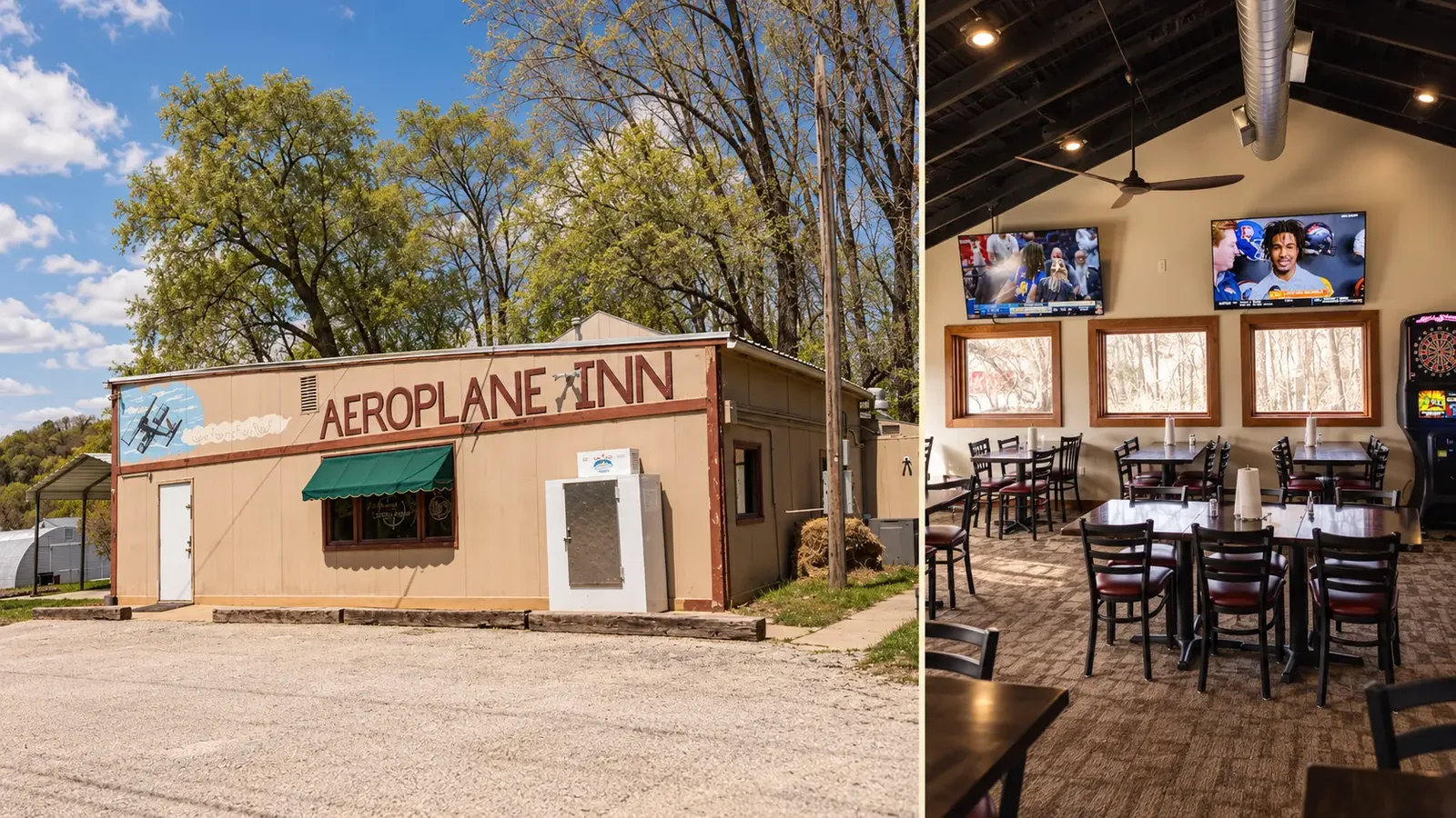 Aeroplane Inn in Honey Creek, Iowa: the tan exterior with its hand-painted airplane sign, beside the open dining room with vaulted ceiling, tables and televisions