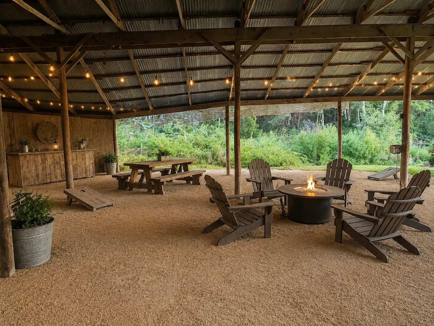 Conceptual rendering of the ranch barn by day: open-sided timber structure with string lights, picnic tables, fire table seating and lawn games looking out to green woodland