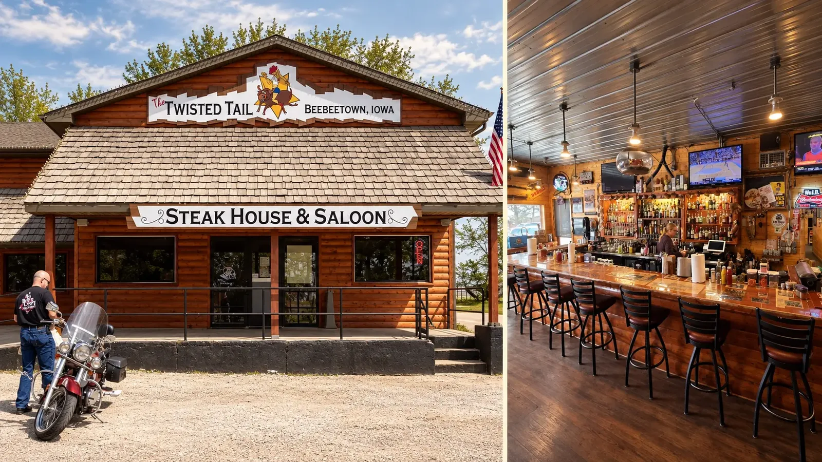 Twisted Tail Steak House & Saloon in Beebeetown, Iowa: the log exterior with its painted sign and a motorcycle out front, beside the warm wood interior bar lined with stools