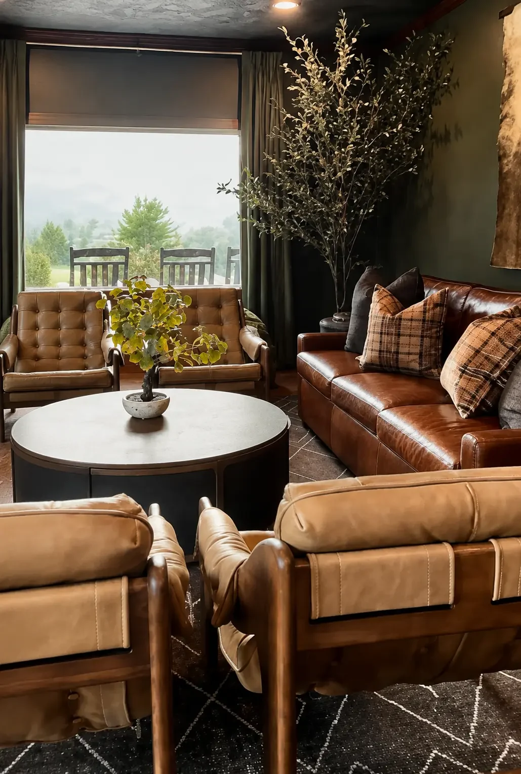 Living room at Loess Lakes Ranch with leather seating, olive walls and a window onto the grounds
