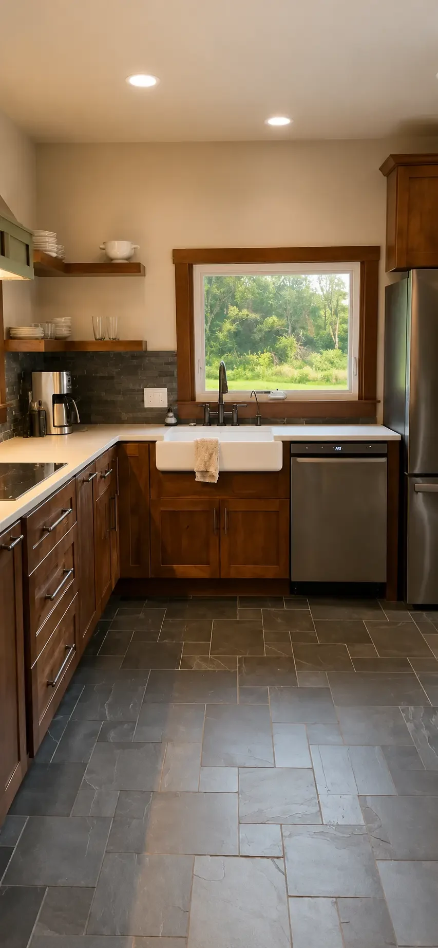Ranch kitchen facing the farmhouse sink and large window over the fields