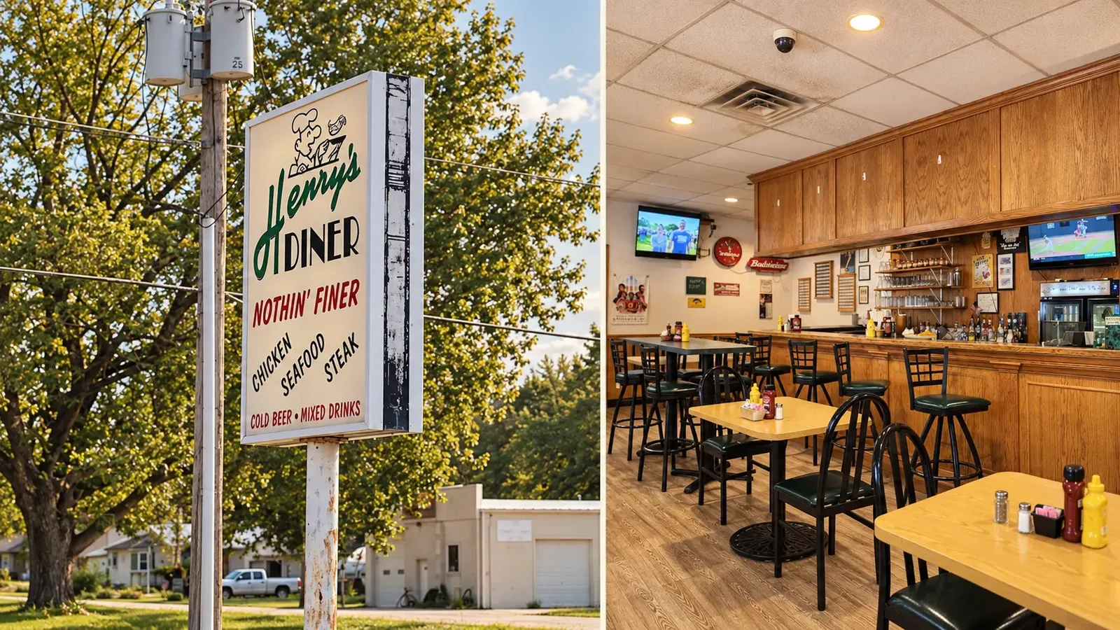 Henry's Diner: the vintage roadside sign reading Nothin' Finer beneath a leafy tree, beside the diner's bright interior with wood counter, tables and stools