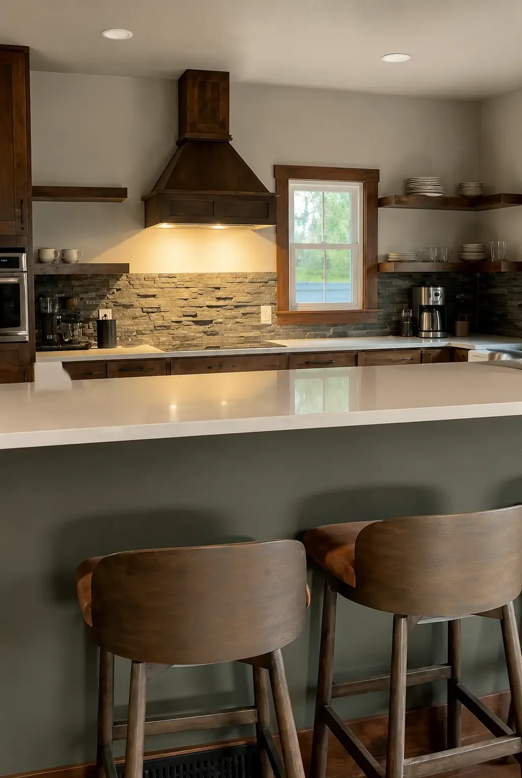 Kitchen island with barstools looking toward the range hood and stone backsplash