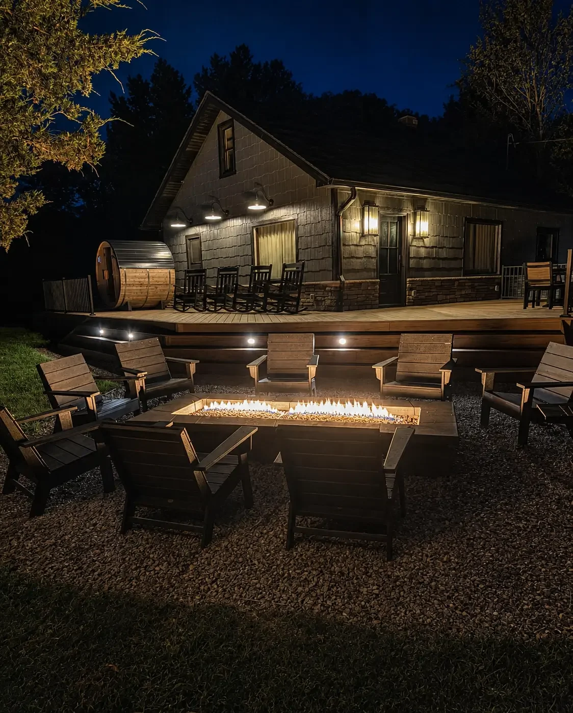 The ranch house at night with lit deck, barrel sauna, rocking chairs and a burning fire pit ringed by chairs