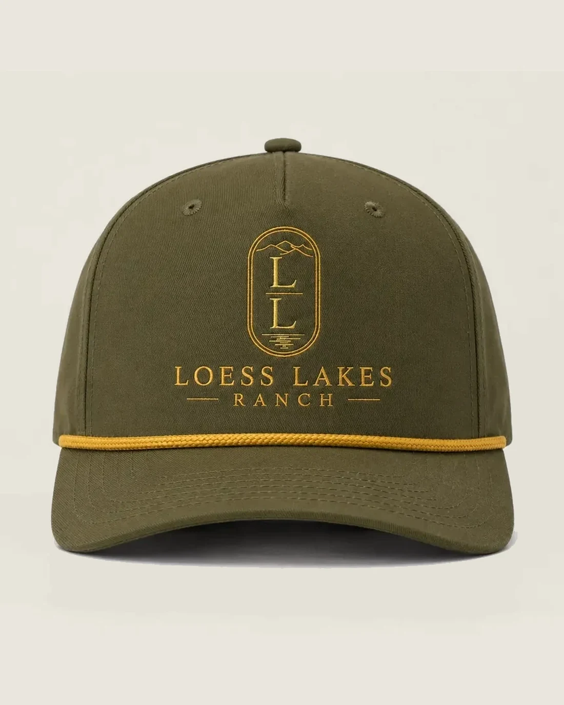 Olive rope cap with antique-gold LOESS LAKES RANCH crest and wordmark embroidery