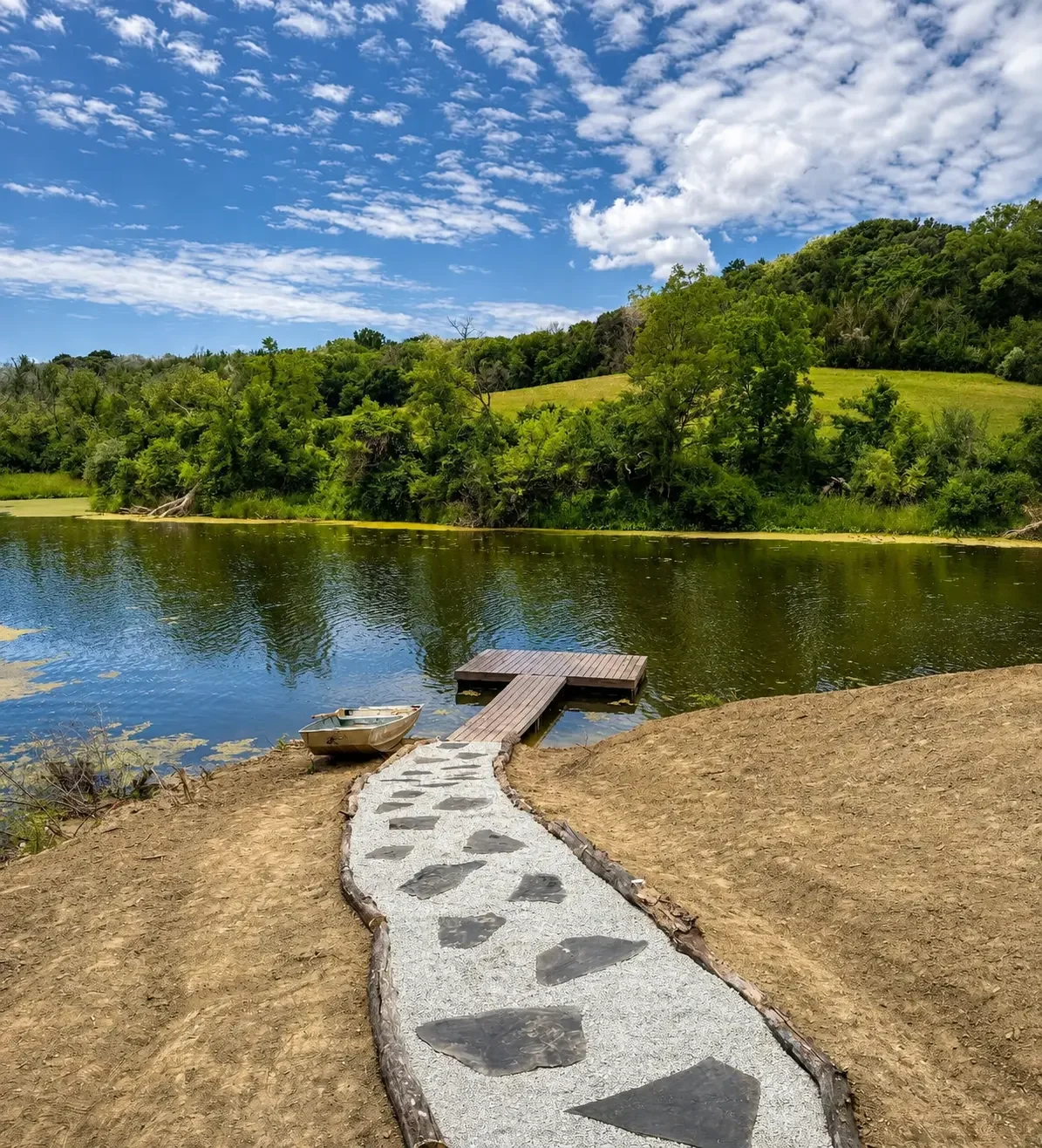 Private lake and dock at Loess Lakes Ranch with a stone pathway leading to a rowboat and wooded hills beyond