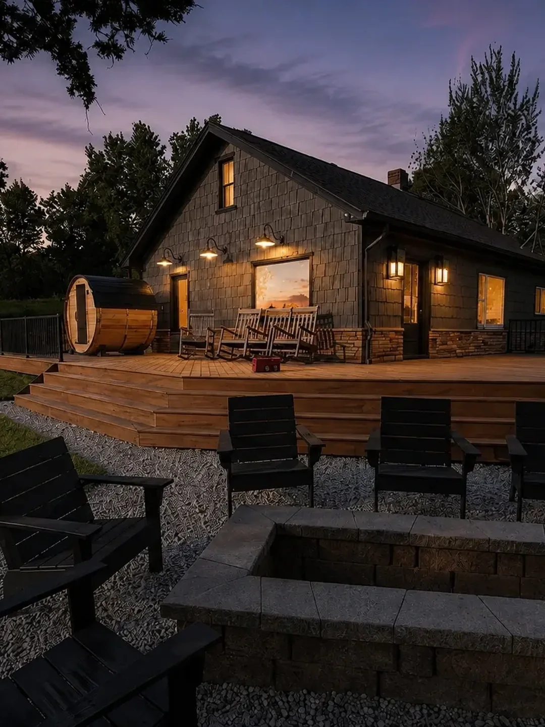The ranch house at dusk with lit deck, cedar sauna and firepit seating