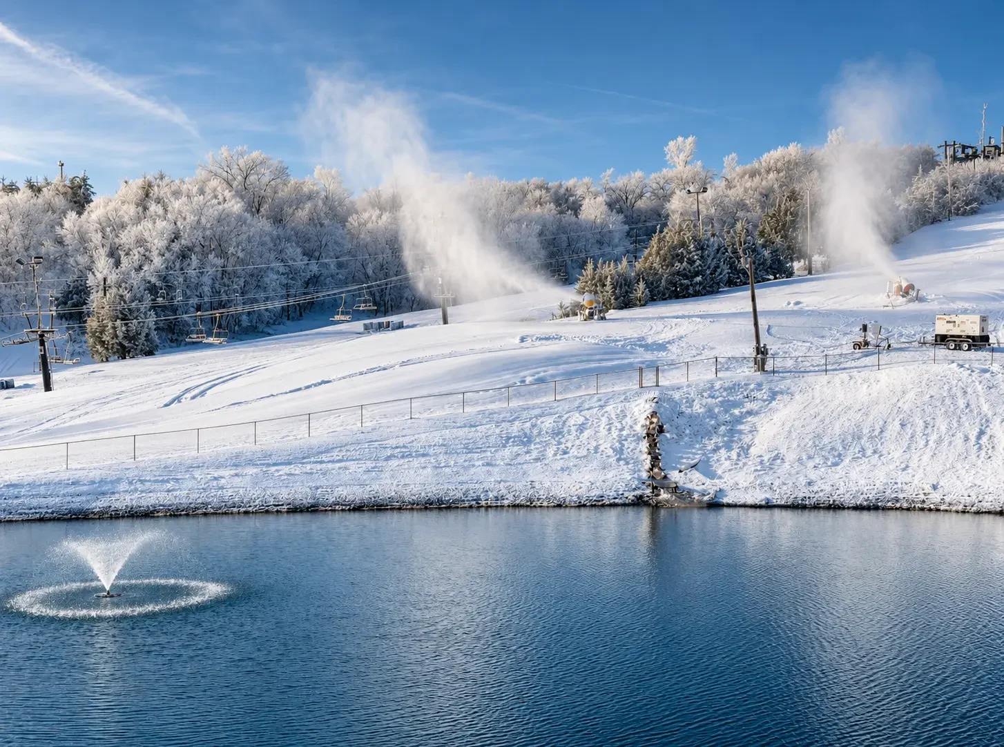 Snowmaking on the slopes beside the pond at Crescent Hill at Hitchcock