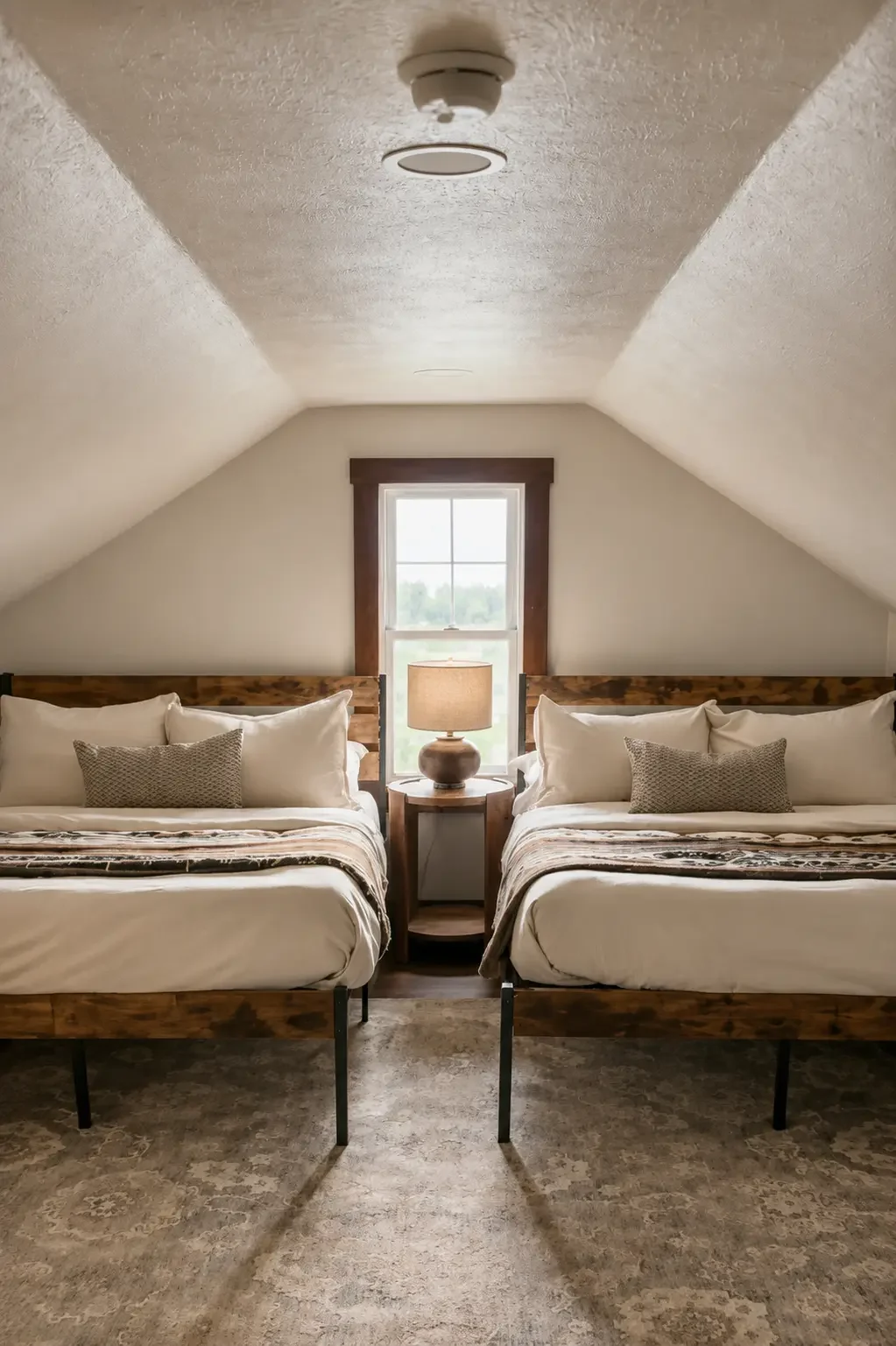 Upstairs bedroom with two beds under a pitched ceiling at Loess Lakes Ranch