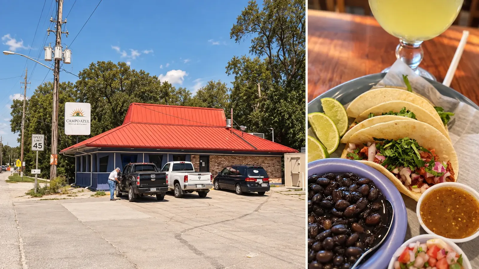 Campo Azul Mexican Restaurant: the red-roofed building and sign along the highway, beside a plate of street tacos with limes, black beans, salsa and a margarita