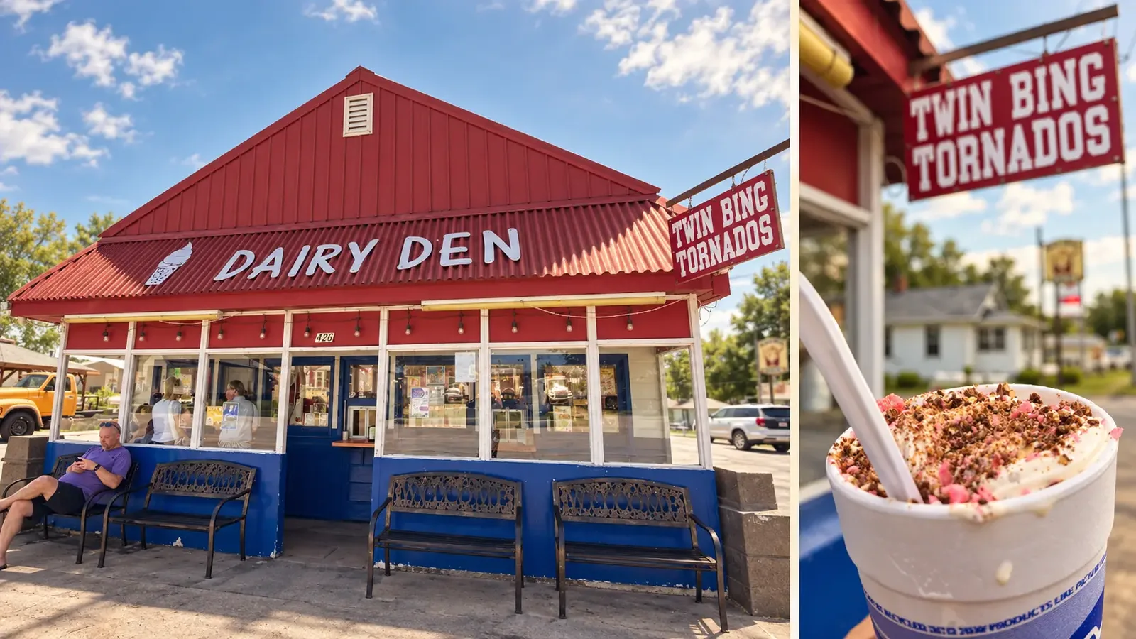 Dairy Den in Missouri Valley, Iowa: the red-and-blue walk-up building with benches and its Twin Bing Tornados sign, beside a close-up of a Twin Bing Tornado ice cream cup