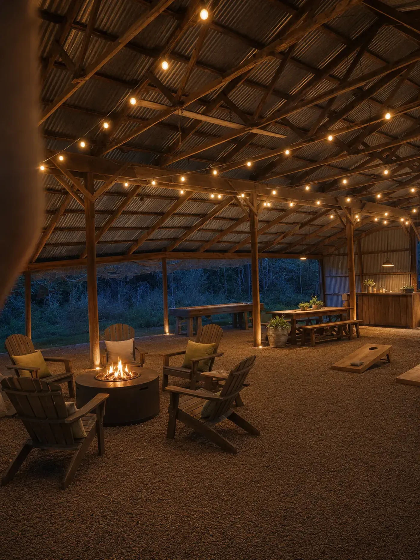 Conceptual rendering of the ranch barn at night: open-air gathering space with weathered timber posts, corrugated roof, warm string lights, Adirondack chairs around a fire table and long harvest tables